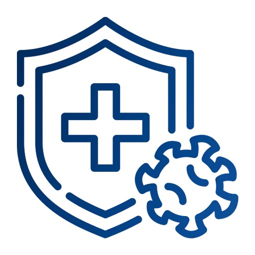 Shield icon with a medical cross and gear representing comprehensive, secure healthcare services