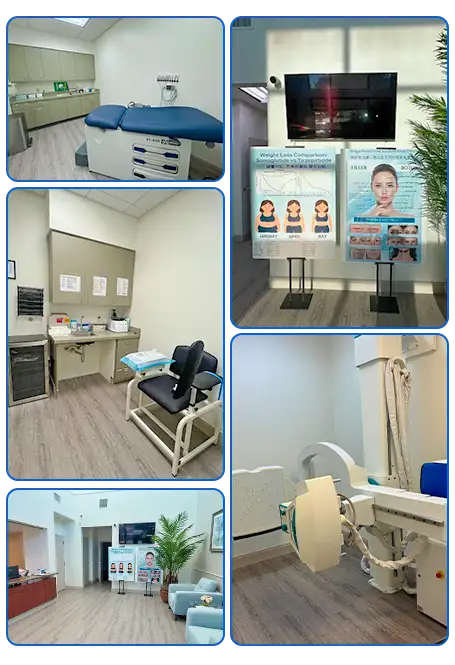 Interior views of AI-X Wellness & Family Care clinic including exam rooms, diagnostic equipment