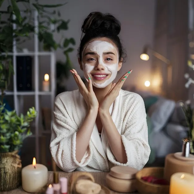 Woman with a white facial mask smiling during a skin renewal treatment in Plano, TX.