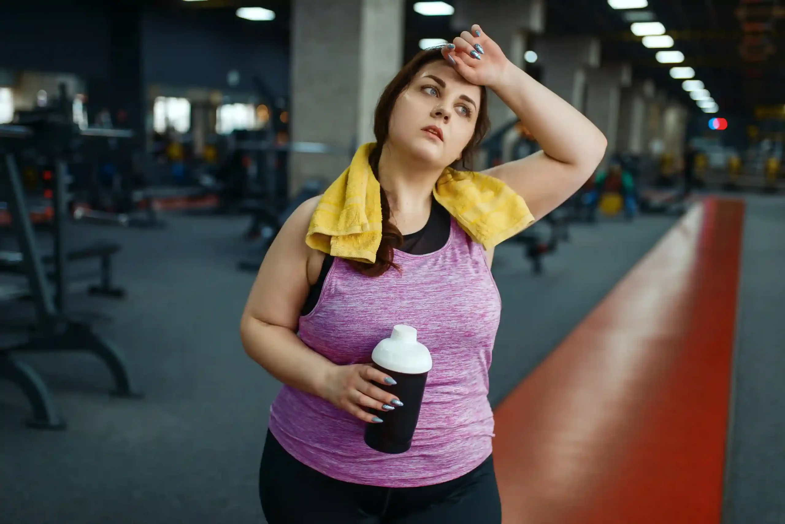 A woman in a gym reflecting on fitness challenges, supported by weight management services