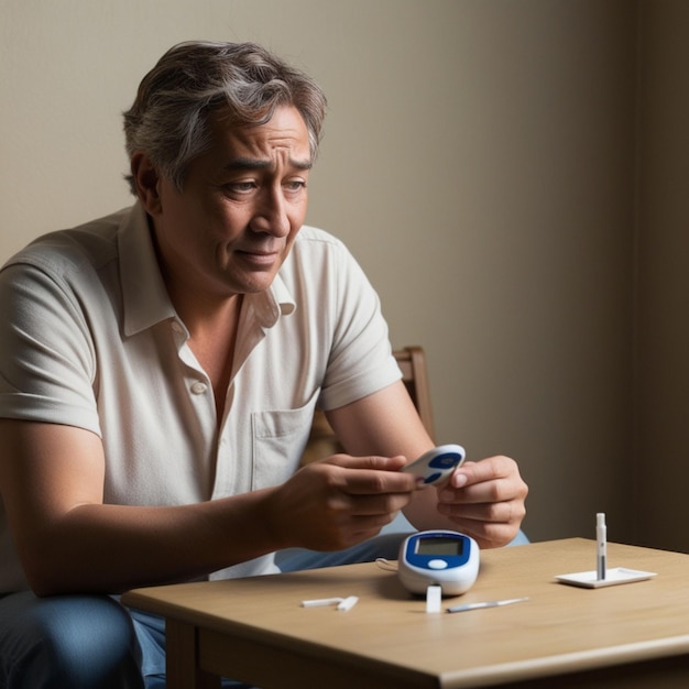A male patient performing a blood glucose finger prick test for diabetes management.
