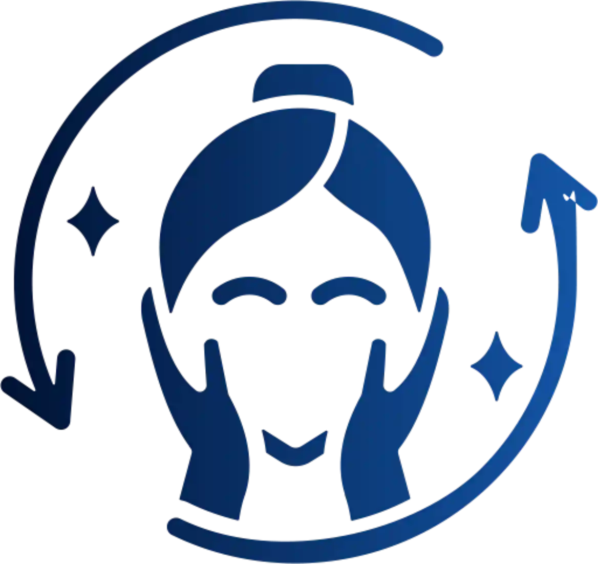 Blue icon of a person with hands on face, representing facial renewal and skin services.