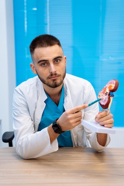 Doctor pointing to a kidney model during a UTI consultation in a Plano medical office.